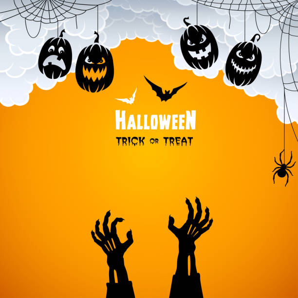 ilustrações, clipart, desenhos animados e ícones de noite assustadora de halloween com abóboras e morcegos voadores. - human arm human hand hand raised silhouette