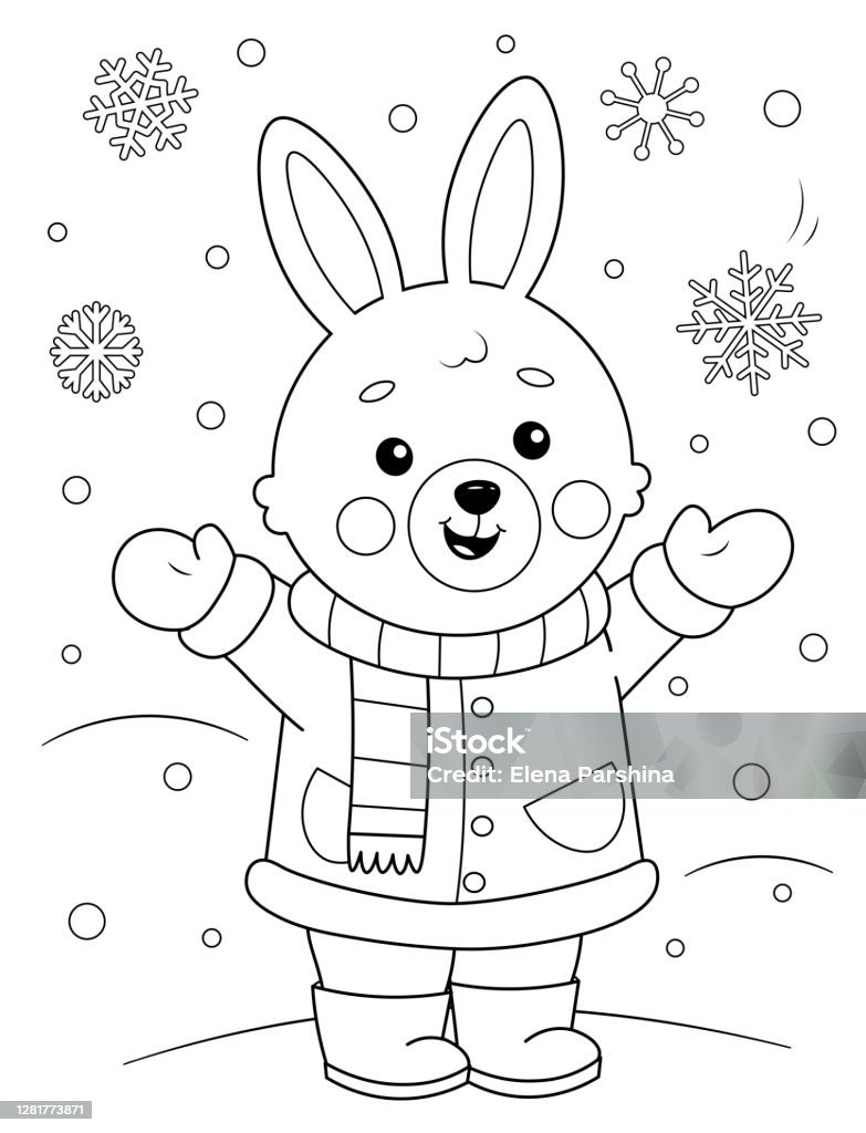 눈을 즐기는 겨울 옷에 귀여운 만화 토끼의 색칠 페이지 아이들을위한 색칠 공부책 0명에 대한 스톡 벡터 아트 및 기타 이미지 - 0명,  검은색, 겨울 - Istock