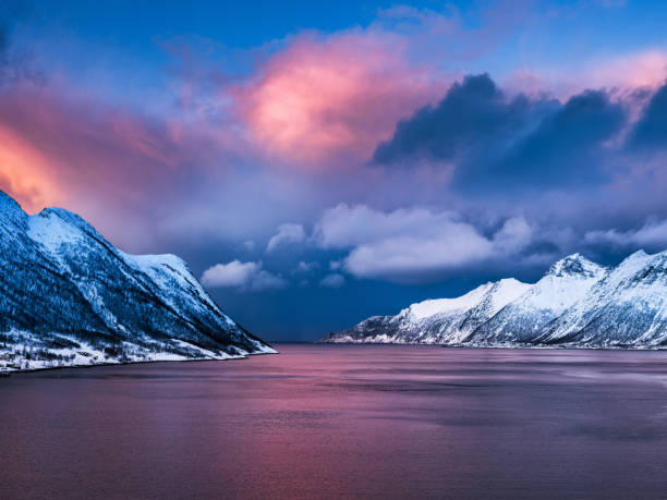 Ersjordbotn view with dramatic cloudscape above snowcapped mountain range in Senja, Norway. Breathtaking view on Mefjordbotn and dramatic cloudscape during winter golden hour in Senja, Norway. senja island photos stock pictures, royalty-free photos & images