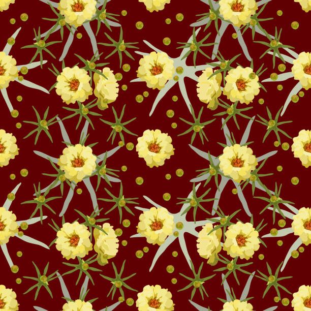 gelbe blume mit blättern. vektor realistische nahtlose muster purslane blume, frottee, nahaufnahme auf einem burgunder dunklen kontrastierenden hintergrund für tapete, stoff, textil, packpapier design. - nature close up backgrounds botany stock-grafiken, -clipart, -cartoons und -symbole