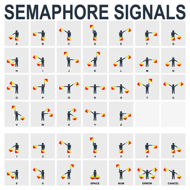 Vector illustration of vector monochrome icon set with Semaphore Flag Signals