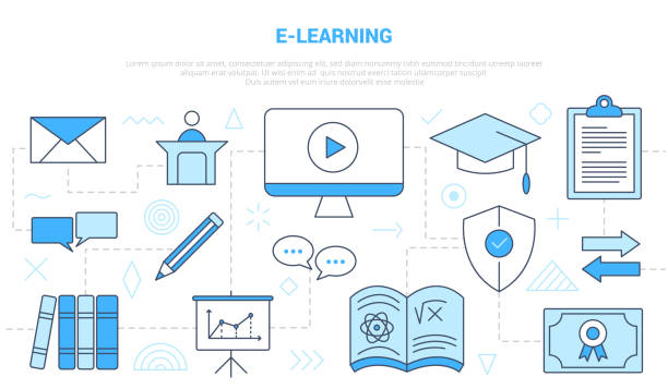 e-learning online-bildungskonzept mit icon-linie stil set vorlage banner mit modernen blauen farbe - 2589 stock-grafiken, -clipart, -cartoons und -symbole