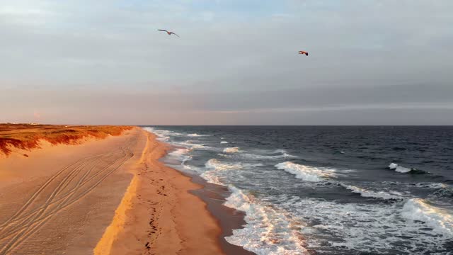Aerial 4k Footage of Sunset at Miacomet beach, Nantucket,