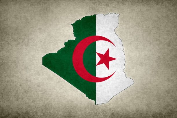 Grunge map of Algeria with its flag printed within its border on an old paper.