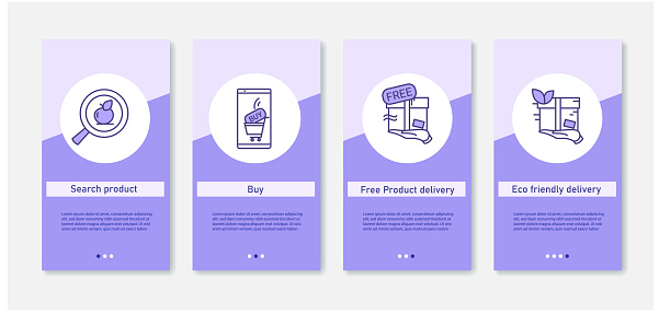 Order and shipping process mobile app.Set of app screens with product search, buy section, free product delivery and eco friendly delivery.UI, UX, web template with linear icons.Online shopping