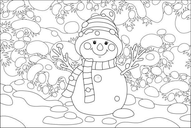 Funny snowman under a snowy fir Smiling cute snow toy with a warm scarf and a hat under a snow-covered fir in a winter park, black and white outline vector cartoon illustration for a coloring book page coloring book cover stock illustrations