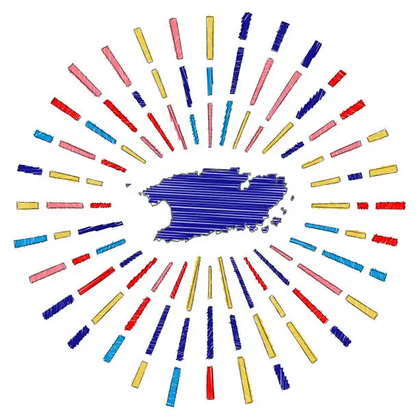 Vector illustration of Sketch map of Vis. Sunburst around the island in flag colors.