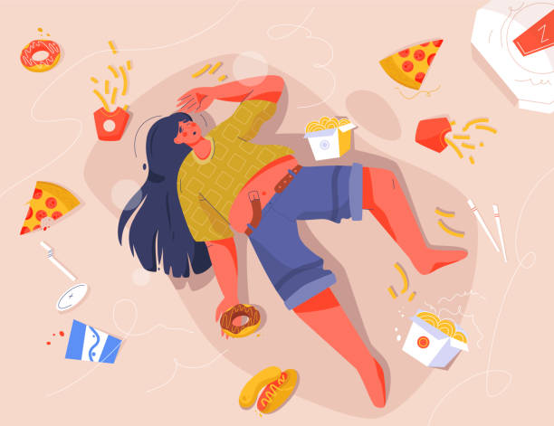 Sad fat woman eating fast food, lying on floor Sad fat woman eating donuts, pizza, hot dogs and other fast food, lying on floor. Overeating, food addiction, behavioral problem, obesity and unhealthy nutrition concept. Vector character illustration eating disorder stock illustrations