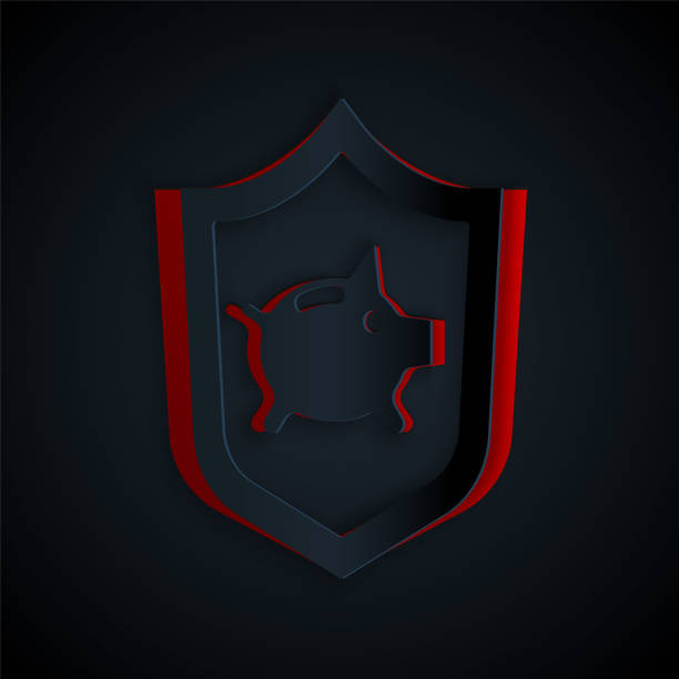 istock Paper cut Piggy bank with shield icon isolated on black background. Saving or accumulation of money, investment. Insurance concept. Paper art style. Vector 1281788977