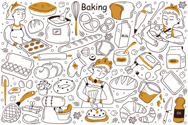 Baking doodle set Baking doodle set. Collection of hand drawn templates patterns sketches of cooker chef baker cooking loaf from corn grain demonstrating fresh bakery production on tray. Bread food shop illustration. baked pastry item stock illustrations