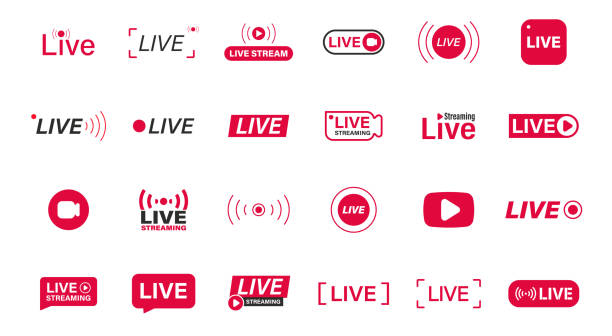 Large set of Red live streaming icons. Live stream, broadcast. Live video streaming. Social media live badge. Online webinar, Broadcasting. Template for tv, shows, movies and live performances Large set of Red live streaming icons. Live stream, broadcast. Live video streaming. Social media live badge. Online webinar, Broadcasting. Template for tv, shows, movies and live performances podcast mobile stock illustrations