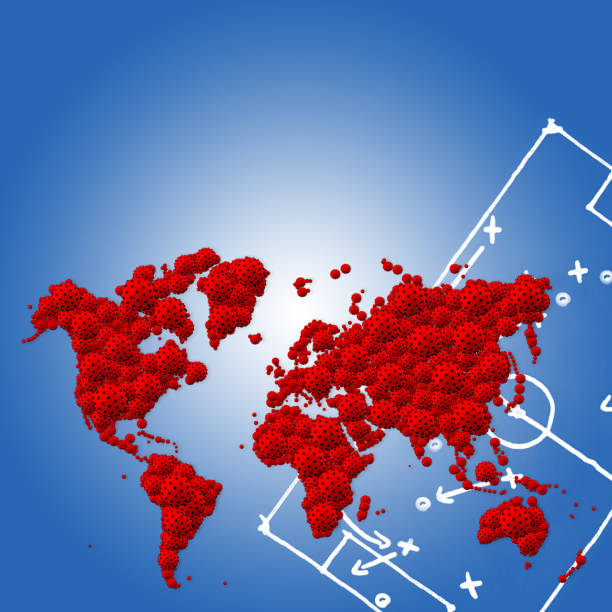 A pandemic of covid corona virus plague that crosses international boundaries, affecting people on a worldwide scale, map of the world made of virus model on blue background with copy space and picture of soccer football field filled with battle tactics and war strategy of the play drawn, worldwide outbreak of influenza pandemic, COVID-19 SARS, SARS-CoV, virus 2020, virus 2019-nCoV una pandemia de la peste del virus covid 19 sars corona que cruza las fronteras internacionales, afectando a las personas a escala mundial, mapa del mundo hecho de modelo de virus y la imagen de fútbol piebal lleno de tácticas y estrategia de la obra dib