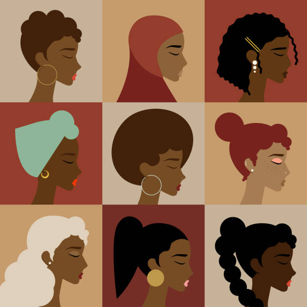 Black, African, African American Female Character Icon Set, Diversity Concept Set of nine Black, African, African American Female Character Icon Set, Diversity Concept black woman hair braids stock illustrations
