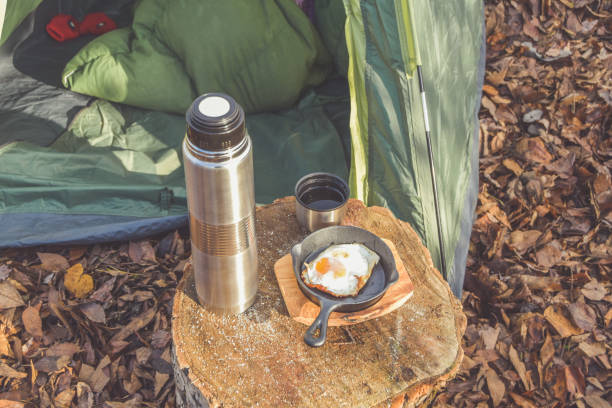 istock hot tea and scrambled eggs are served for Breakfast at the campsite 1281795537
