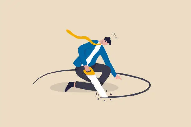 Vector illustration of Business or financial mistake, wrong decision or stupidity make problem and situation worst concept, foolish frustrated businessman sawing the floor to self sabotage or make himself fall with failure.