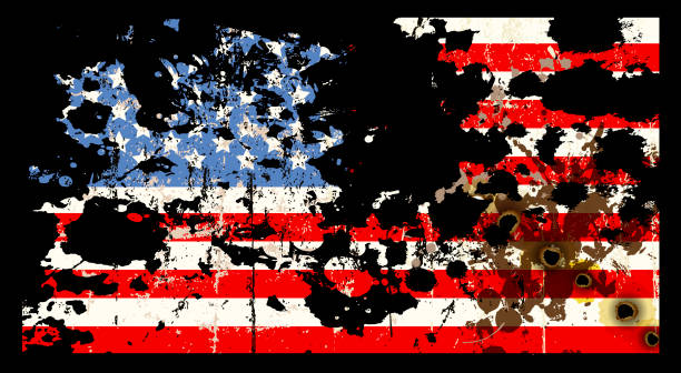 istock grungy ripped and torn USA flag with bullet holes, vector illustration, patriotic or protest sign 1281797269