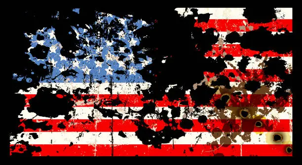 Vector illustration of grungy ripped and torn USA flag with bullet holes, vector illustration, patriotic or protest sign