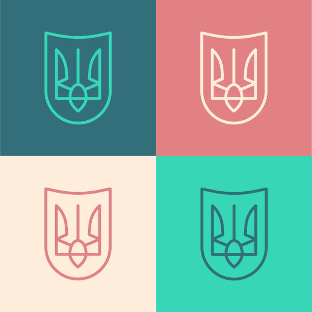 ilustraciones, imágenes clip art, dibujos animados e iconos de stock de línea de arte pop emblema nacional de ucrania icono aislado en el fondo de color. tridente ucraniano. vector - ukraine trident ukrainian culture coat of arms