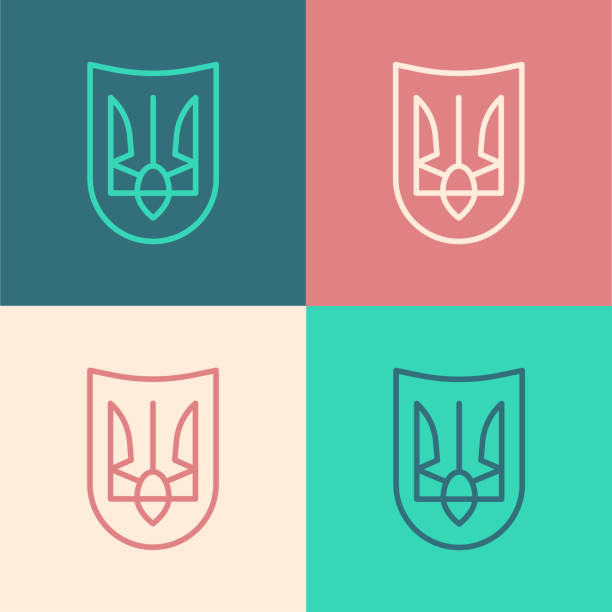 pop art line narodowy emblemat ikony ukrainy izolowane na tle koloru. ukraiński trójząb. wektor - ukraine trident ukrainian culture coat of arms stock illustrations