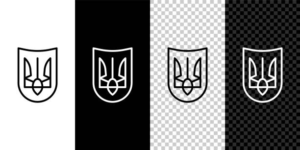 ilustraciones, imágenes clip art, dibujos animados e iconos de stock de establecer línea emblema nacional del icono de ucrania aislado en el fondo blanco y negro. tridente ucraniano. vector - ukraine trident ukrainian culture coat of arms