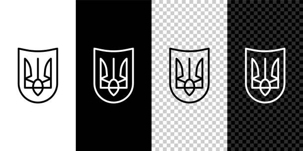 흑백 배경에 고립 된 우크라이나 아이콘의 국가 상징을 설정합니다. 우크라이나어 삼지창. 벡터 - ukraine trident ukrainian culture coat of arms stock illustrations