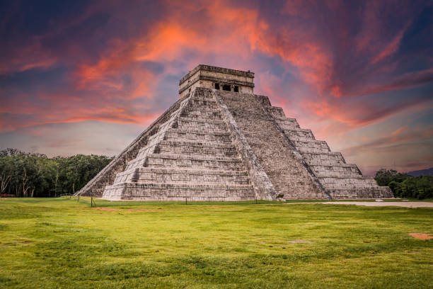 Beautiful sunrise over Maya pyramid Chichen Itza, Yucatan, Mexico stock photo