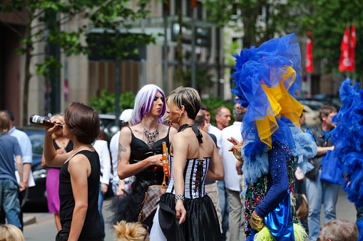 Canterbury, Kent, United Kingdom, June 10 2023: Happy pride people and supporters parading at the pride parade at Canterbury city in Kent UK