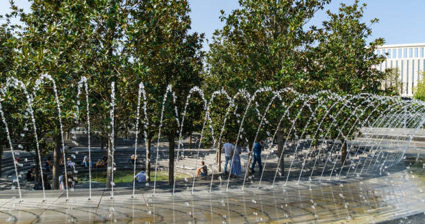 bela fonte de cratera água em arco cintilante caem sobre pedra. as pessoas descansam à sombra da magnolia grandiflora evergreen perto do lago de peixes em cascata no parque galitsky. krasnodar, rússia - 17 de setembro de 2020 - evergreen magnolia - fotografias e filmes do acervo