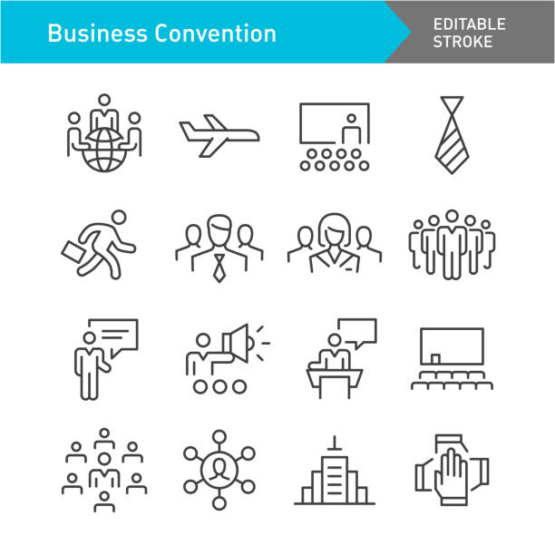 ilustraciones, imágenes clip art, dibujos animados e iconos de stock de iconos de convenciones de negocios - serie de líneas - trazo editable - tradeshow conference convention center handshake