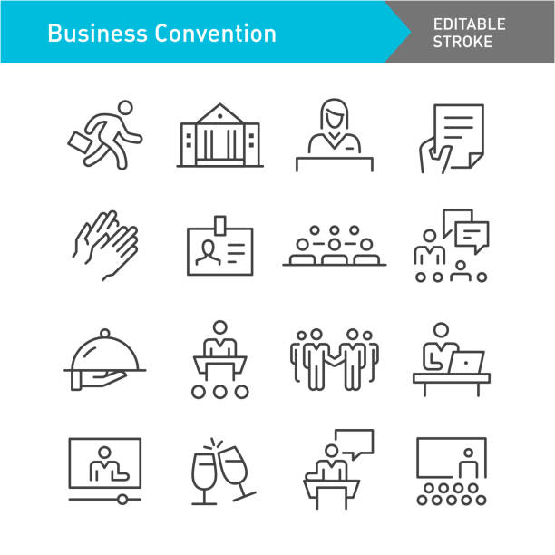 ilustraciones, imágenes clip art, dibujos animados e iconos de stock de conjunto de iconos de convenciones empresariales - serie de líneas - trazo editable - tradeshow conference convention center handshake