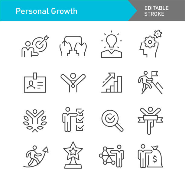 stockillustraties, clipart, cartoons en iconen met persoonlijke groeipictogrammen - lijnreeks - bewerkbare lijn - verwachting