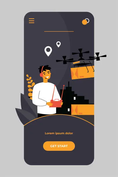 Vector illustration of Cheerful delivery manager controlling drone carrying box