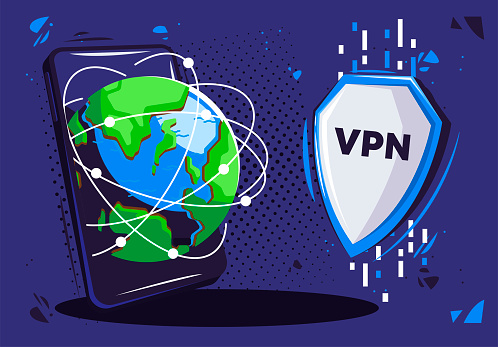 Vector illustration of a smartphone with a planet, private Internet VPN, a shield with the inscription
