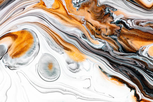 istock Fluid art texture. Backdrop with abstract swirling paint effect. Liquid acrylic artwork with flows and splashes. Mixed paints for interior poster. Golden, brown and white overflowing colors. 1281803481