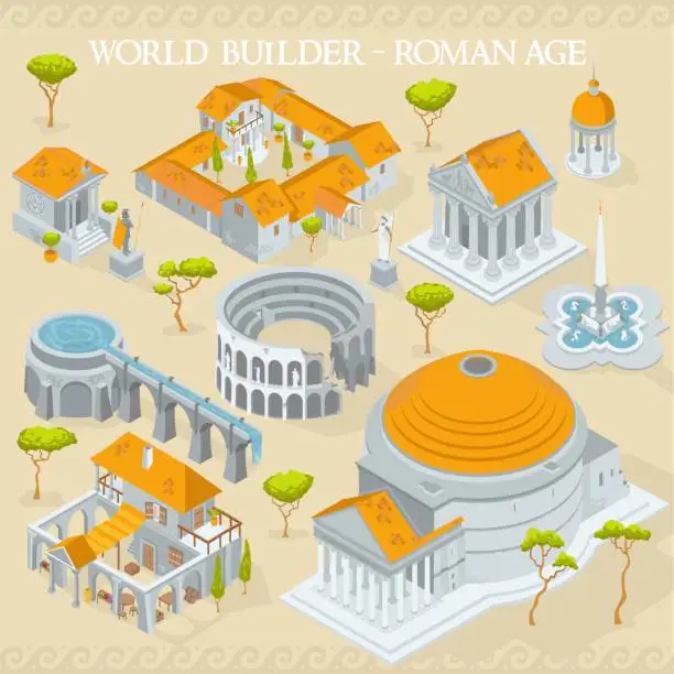 Vector illustration of Ancient Roman Empier age map builder illustrations of architecture elements in isometric isolated vector illustration