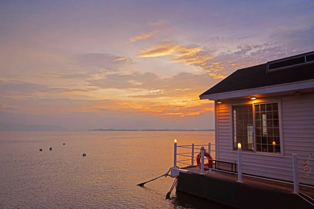 Beautiful architecture  on the sunset sea