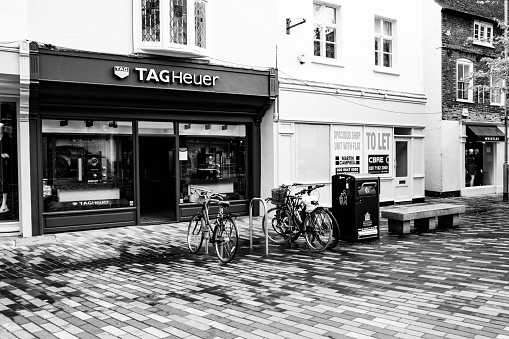 London, UK, October 06, 2020, TAG Heuer Luxury Goods Store Front With Bicycles Parked Outside And No People Shopping Due To Public Coronavirus COVID-19 Restrictions