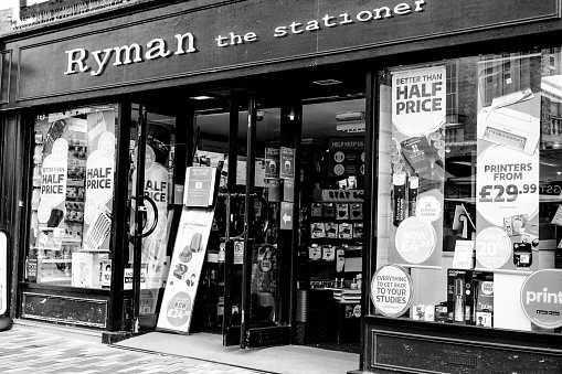 London, UK, October 06, 2020, Retail Stationer Chain Rymans Store Front And Corporate Sign Logo With No People During Coronavirus COVID-19 Pandemic