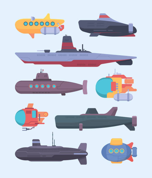 ilustrações de stock, clip art, desenhos animados e ícones de underwater boat. submarines diving ocean exploration vector cartoon illustrations set - submarine