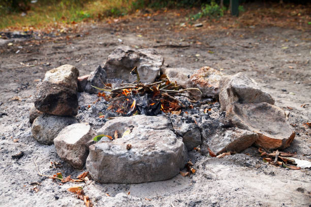bonfire viewed directly from above with flames and stones which forms a circle