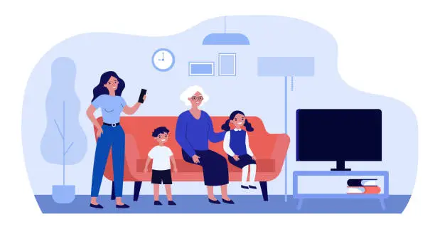 Vector illustration of Family watching TV together at home