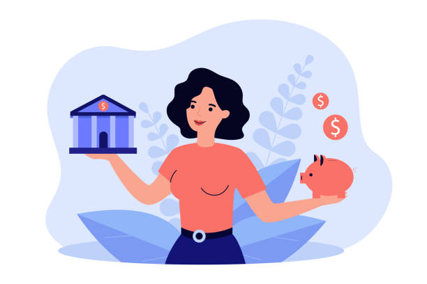 Woman choosing between bank and piggybank Woman choosing between bank and piggybank flat vector illustration. Cartoon lady thinking about money safety and budget planning. Economy choice and investment concept financial literacy vector stock illustrations