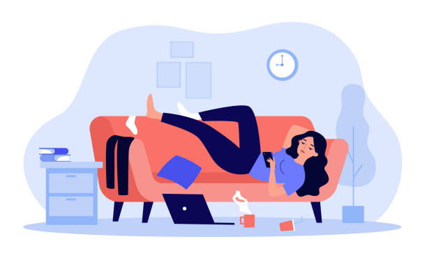 Depressed woman lying on couch in messy room Depressed woman lying on couch in messy room isolated flat vector illustration. Cartoon lazy character resting on sofa at home and surfing internet on smartphone. Apathy and indifference concept lazy stock illustrations