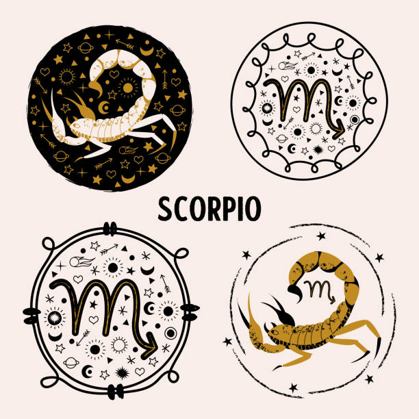 Sign of the zodiac Scorpio. Constellation of the Scorpion. Vector illustration. Scorpio. Constellation of Scorpio. A set of round emblems. Vector illustration on a light background. scorpions drawings stock illustrations
