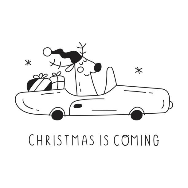 nettes reh fahren auto mit weihnachtsgeschenke boxen. weihnachten steht vor der welt. - lustige auto zitate stock-grafiken, -clipart, -cartoons und -symbole