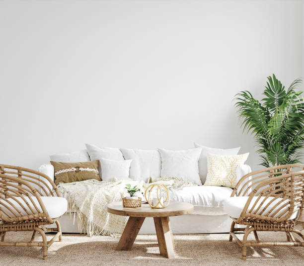 White cozy living room interior, Coastal Boho style White cozy living room interior, Coastal Boho style, 3d render boho stock pictures, royalty-free photos & images