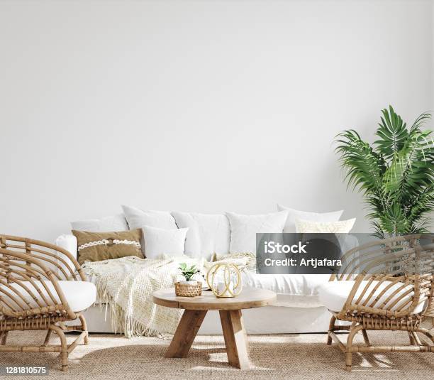 White Cozy Living Room Interior Coastal Boho Style Stock Photo - Download Image Now