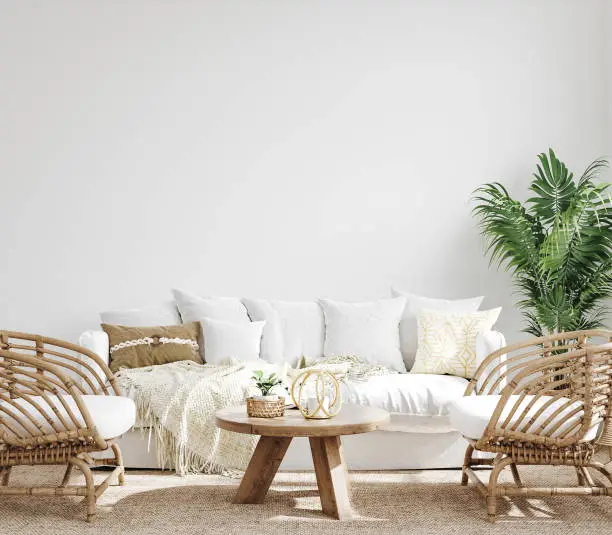 Photo of White cozy living room interior, Coastal Boho style