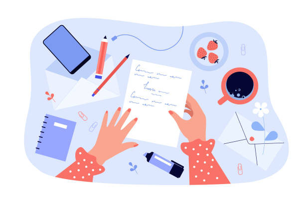 Female hands holding paper sheet with handwritten letter Female hands holding paper sheet with handwritten letter isolated flat vector illustration. Lady sending mail to future or writing message to yourself. Psychology and post concept person writing on notepad stock illustrations