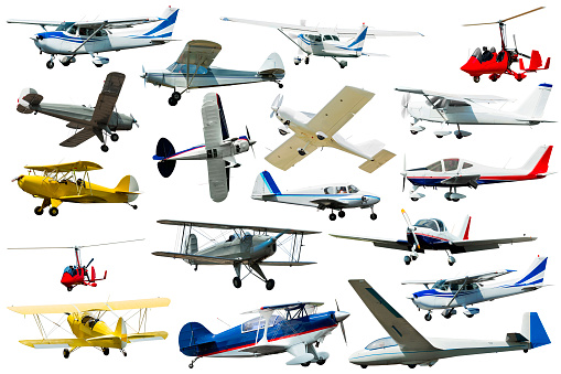 Seaplanes, gliders, light airplanes isolated on white background